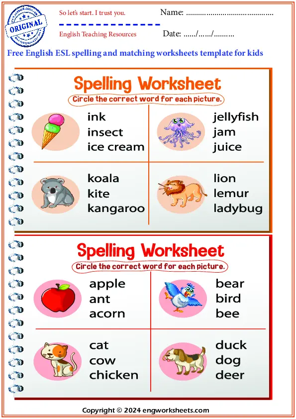 Free English ESL spelling and matching worksheets template for kids